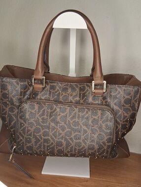 Calvin Klein Brown Monogram Studded Tote Satchel Gold Hardware